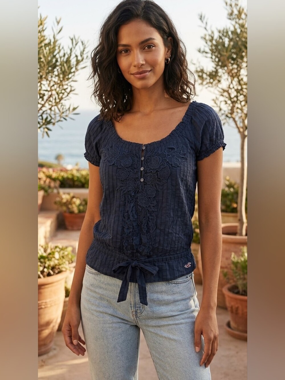 Vintage Hollister Y2K Peasant Floral Top Navy Blue Boho Grunge Small